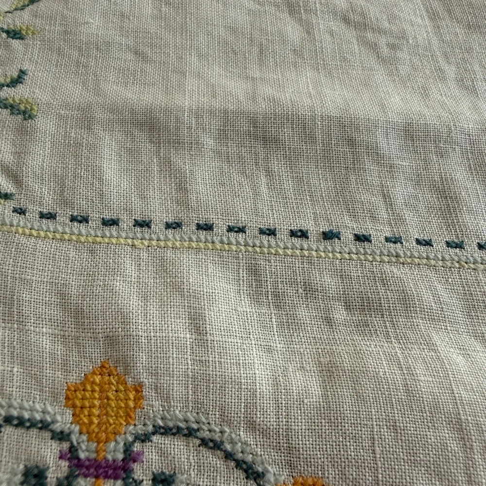Vintage Hand Embroidered Linen Tablecloth Floral Cross Stitch White Lace 33